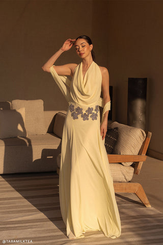 Abito lungo con scollo all'americana in chiffon floreale Santal - Limone